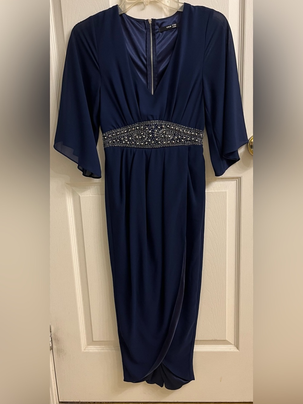 TFNC London Navy Evening Dress with Beaded Waist Detail Size 6